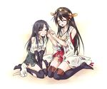  :d ^_^ asashio_(kantai_collection) bandages bandaid bare_shoulders black_hair black_legwear blush cat closed_eyes detached_sleeves elbow_gloves first_aid frilled_skirt frills gloves hairband haruna_(kantai_collection) injury japanese_clothes kantai_collection kneeling long_hair messy_hair multiple_girls onaya_masakazu open_mouth ribbon-trimmed_sleeves ribbon_trim skirt smile thighhighs torn_clothes torn_legwear 