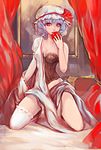  apple bed blue_hair breasts corset curly_hair curtains eating food fruit hat hat_ribbon highres holding kneeling looking_at_viewer medium_breasts miyako3344 nail_polish open_clothes open_shirt red_eyes remilia_scarlet ribbon shirt short_hair solo thighhighs touhou white_legwear 