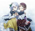  ^_^ bad_id bad_pixiv_id black_legwear blue_hair brown_eyes brown_hair brown_legwear closed_eyes flower hair_flower hair_ornament hairband holding_hands multiple_girls one_eye_closed pantyhose scarf shared_scarf siblings sisters smile snowflakes touhou tsukumo_benben tsukumo_yatsuhashi ys_(fall) 