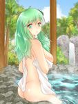  ass bad_id bad_pixiv_id breasts frog_hair_ornament green_eyes green_hair hair_ornament hair_tubes highres kochiya_sanae large_breasts long_hair looking_back naked_towel nude onsen solo touhou towel x&amp;x&amp;x 