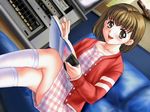  1girl blush book fifteen game_cg indoors joy_ride legs_crossed libido looking_at_viewer short_hair sitting socks solo 