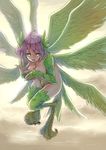  1girl ahoge bad_id bad_pixiv_id breasts claws cleavage covering covering_breasts feathered_wings feathers green_eyes green_wings harpy harpy_(nukomasu) medium_breasts monster_girl multiple_wings nude nukomasu original pink_hair short_hair solo wings 