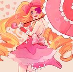  big_hair blonde_hair boots bow dress drill_hair eyepatch hair_bow harime_nui heart kill_la_kill long_hair machi_(qicca) parasol pink_bow pink_dress pink_footwear smile solo strapless strapless_dress twin_drills twintails umbrella 