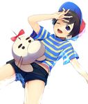  bad_source black_hair blue_eyes doseisan hat male_focus mother_(game) mother_2 ness shiogochi shirt short_shorts shorts smile striped striped_shirt 