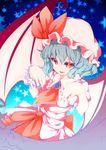  absurdres baba_(baba_seimaijo) bat_wings blue_hair bow brooch fangs hat hat_bow highres jewelry red_eyes remilia_scarlet solo star touhou wings 