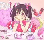  bad_id bad_pixiv_id bed black_hair bottle bow bracelet candy_wrapper chin_rest dress earrings hair_bow hair_ornament heart heart-shaped_pupils heart_hair_ornament highres jewelry lipstick lipstick_tube looking_at_viewer love_live! love_live!_school_idol_project lying makeup makeup_brush mirror on_stomach pillow polka_dot red_eyes ribbon ring scrunchie solo strap_slip symbol-shaped_pupils twintails wrist_scrunchie yazawa_nico yutsumoe 