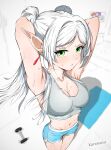  absurdres armpits drop_earrings earrings elf frieren green_eyes highres jewelry long_hair mat pointy_ears shorts simple_background smell solo sousou_no_frieren sports_bra steam steaming_body sweat sweatdrop twintails white_hair 