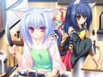  animal animal_ears apron blue_hair catgirl fire fish food game_cg japanese_clothes kimono kiryuu_hina kiryuu_sakuya knife neko_koi tail whirlpool 