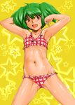  armpits bikini flat_chest green_hair highres macross macross_frontier navel ranka_lee red_eyes shiny shiny_skin short_hair shu-z solo swimsuit twintails 