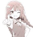  1girl :d bow bowtie braid collared_shirt dot_nose greyscale grin hair_ornament hairpin hand_on_own_hip hatching_(texture) index_finger_raised linear_hatching long_hair low_twin_braids monochrome nijisanji one_eye_closed open_mouth outstretched_arm pointing pointing_at_viewer shirt short_sleeves sidelocks smile solo sou_(tuhut) sweater_vest teeth tsukino_mito twin_braids upper_body v-neck virtual_youtuber 