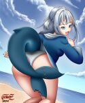 animal_humanoid animal_tail beach big_butt blue_body blue_clothing blue_eyes blue_highlights blue_hoodie blue_scales blue_topwear breasts butt clothed clothing eyelashes female feuerz fish fish_humanoid gawr_gura hi_res highlights_(coloring) hololive hololive_en hoodie humanoid looking_at_viewer looking_back looking_back_at_viewer marine marine_humanoid open_mouth panties rear_view scales sea shark_humanoid solo tail tailed_humanoid tan_body tan_skin thick_thighs topwear underwear upskirt vtuber water white_clothing white_panties white_underwear wide_hips