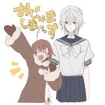  2girls a_certain_high_school_uniform accelerator_(toaru_majutsu_no_index) ahoge albino blue_sailor_collar blue_skirt blush_stickers bow brown_coat brown_hair chinese_text coat earphones expressionless flat_chest flower fur-trimmed_coat fur_trim genderswap genderswap_(mtf) hair_flower hair_ornament highres holding_another&#039;s_arm last_order_(toaru_majutsu_no_index) long_sleeves looking_to_the_side miniskirt mittens multiple_girls official_alternate_costume open_mouth pale_skin red_eyes ringo_niruni sailor_collar school_uniform serafuku short_hair short_sleeves sketch skirt smile standing suzushina_yuriko toaru_majutsu_no_index upper_body waving white_background white_bow white_hair 