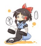  1girl :&lt; black_hair blush bow chibi cosplay hakurei_reimu morichika_rinnosuke morichika_rinnosuke_(cosplay) o_o oversized_clothes ribbon solo touhou viva!! 