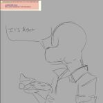 2024 4chan alternate_species anon_(snoot_game) anthro bald black_and_white cavemanon_studios clothing compsognathid compsognathus dialogue dinosaur eating eating_food english_text fingers food furrification jacket male monochrome pizza pizza_slice reptile scalie sketch snoot_game snout solo text theropod theumslayer topwear