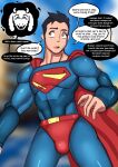 absurd_res anthro black_hair blue_eyes bulge dialogue female fur hair hi_res human izzybsides male male/female mammal muscular muscular_male my_adventures_with_superman speech_bubble superman thought_bubble toriel undertale_(series) white_body white_fur