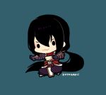  1boy :3 black_hair blue_gloves chibi chibi_only fate/grand_order fate_(series) flower_tattoo full_body gloves hair_between_eyes kotorai long_hair no_nose pants ponytail signature simple_background solid_oval_eyes tattoo very_long_hair yan_qing_(fate) 