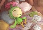  1other :3 bed blanket closed_eyes drawing_(object) flower leaf legend_of_mana lil&#039;_cactus no_humans on_bed paper parted_lips pencil pillow plant_monster seiken_densetsu sleeping spikes talons tamirin wooden_floor 