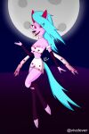 2024 absurd_res anthro blood blue_hair bodily_fluids bottomwear bra breasts canid canine clothing eyelashes fangs female fox hair heart_(marking) hi_res mammal moon pink_body red_eyes skirt smile solo tail teeth topwear underwear vampire vivzlover