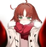  1girl :3 ahoge arknights blush closed_mouth fur-trimmed_jacket fur_trim green_eyes highres jacket long_sleeves meme miebao mittens myrtle_(arknights) open_clothes open_jacket outstretched_arms parted_bangs pointy_ears portrait pov_cheek_warming_(meme) red_hair red_mittens red_scarf scarf simple_background smile solo v-shaped_eyebrows white_background white_jacket 