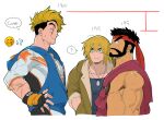  3boys ? athanjccgg bara black_hair blonde_hair blush character_request coat connected_beard emoji english_text eye_contact eyelashes forked_eyebrows headband height_conscious huge_eyebrows jacket ken_masters looking_at_another male_focus medium_hair multiple_boys muscular muscular_male pectorals profile ryu_(street_fighter) scar spoken_question_mark stats street_fighter thought_bubble toned toned_male v-shaped_eyebrows zipper 