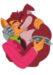 activision anthro anthro_on_anthro bandicoot biped blush brown_body brown_fur brown_hair clothed clothing crash_bandicoot_(series) crunch_bandicoot digital_media_(artwork) duo facial_hair fangs fur hair hi_res inner_ear_fluff insomnix_a kissing macropod male male/male mammal marsupial mechanical_arm muscular muscular_male orange_body orange_fur pinstripe_potoroo potoroo simple_background teeth topless topless_anthro topless_male tuft white_background