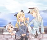  animal_ears black_legwear blonde_hair cat_ears cat_tail ds_(ndsl) eila_ilmatar_juutilainen fox_ears fox_tail glasses green_eyes long_hair military military_uniform multiple_girls pantyhose perrine_h_clostermann purple_eyes sanya_v_litvyak short_hair silver_hair smile strike_witches tail uniform white_legwear world_witches_series yellow_eyes 