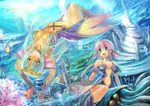  aqua_eyes aqua_hair bare_shoulders breasts center_opening choker cleavage edobox elbow_gloves eyebrows fish gloves halterneck head_fins long_hair medium_breasts multiple_girls nature navel no_panties open_mouth original pink_eyes pink_hair riding seashell shell short_hair smile squid thick_eyebrows tiara underwater underwater_city 