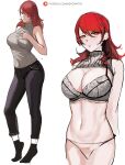  1girl absurdres black_pants black_socks bra breasts cleavage english_commentary grey_bra grey_sweater hair_over_one_eye highres kirijou_mitsuru large_breasts long_hair looking_at_viewer multiple_views navel nero_watch panties pants parted_lips patreon_username persona persona_3 red_eyes red_hair sketch sleeveless sleeveless_sweater socks sweater turtleneck turtleneck_sweater underwear white_background 