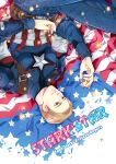  1boy american_flag animification belt blonde_hair blue_bodysuit blue_eyes bodysuit brown_belt captain_america captain_america_(series) cover cover_page ee0418 fingernails hands_up looking_to_the_side lying male_focus marvel marvel_cinematic_universe on_back pocket short_hair simple_background smile solo star_(symbol) steve_rogers striped_bodysuit superhero_costume teeth white_background 