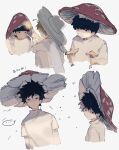  ... 2boys black_eyes black_hair blonde_hair closed_mouth commentary hat highres holding holding_mushroom kageyama_shigeo looking_at_another male_focus masukawagen mob_psycho_100 multiple_boys multiple_views mushroom mushroom_hat reigen_arataka shirt short_hair short_sleeves simple_background spoken_ellipsis star_(symbol) symbol-only_commentary upper_body white_background white_headwear white_shirt wings 