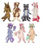african_wild_dog anthro canid canine chibi felid feline female fox fur green_eyes green_hair green_tongue hair hi_res horn lostgoose male mammal piercing pink_body pink_fur pink_hair procyonid purple_body purple_fur purple_hair raccoon simple_background standing tongue tongue_out true_fox white_hair