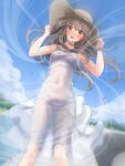  1girl blue_sky blush bow bow_panties brown_eyes brown_hair covered_navel covered_nipples dress dutch_angle hat holding holding_clothes holding_hat looking_at_viewer nose_blush open_mouth original outdoors panties sidelocks sky solo straw_hat sundress tachiinu tight_clothes underwear white_dress wind 
