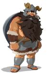  1boy arms_at_sides bara beard brown_hair clenched_hands dungeon_meshi dwarf facial_hair fake_horns full_body helmet highres horned_helmet horns jusdegov long_beard looking_at_viewer male_focus pectorals senshi_(dungeon_meshi) sidepec solo standing thick_mustache very_long_beard white_background wok 