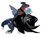  alternate_color apios black_dress black_gloves blue_hair bob_cut carrying claws dragon dress elbow_gloves fangs garchomp gardevoir gloves highres mega_gardevoir orange_eyes pokemon pokemon_(creature) princess_carry shiny_pokemon simple_background sweatdrop white_background yellow_eyes 