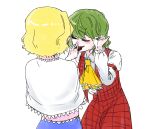  2girls absurdres alice_margatroid ascot blonde_hair blue_dress candy capelet chocolate closed_eyes dress food green_hair heart heart-shaped_chocolate highres kazami_yuuka lovelobten multiple_girls plaid plaid_skirt plaid_vest red_vest skirt skirt_set touhou vest white_background white_capelet yellow_ascot 