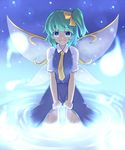  blue_eyes daiyousei dress dress_lift fairy_wings green_hair looking_at_viewer necktie saemon_(tonpura) short_hair side_ponytail smile solo thighhighs touhou wading wet wings 
