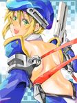  back backless_outfit beret blazblue blonde_hair bolverk green_eyes gun handgun hat noel_vermillion solo tegaki weapon 