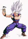  1boy brown_footwear cellphone closed_mouth dougi dragon_ball dragon_ball_super dragon_ball_z full_body gohan_beast grey_hair highres holding holding_phone long_hair muscular muscular_male pants phone purple_pants red_eyes red_sash reeya sash serious simple_background smartphone son_gohan spiked_hair torn_clothes white_background wristband 