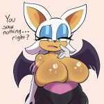absurd_res anthro armor bat big_breasts breastplate breasts choobsters cleavage clothed clothing ellipsis english_text female gloves green_eyes hair handwear hi_res huge_breasts looking_at_viewer mammal narrowed_eyes open_mouth question_mark rouge_the_bat sega solo sonic_the_hedgehog_(series) spandex tan_body text tight_clothing white_hair wings