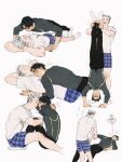  2boys akaashi_keiji arms_behind_back bird black_pants blank_eyes bokuto_koutarou chengongzi123 closed_eyes commentary exercise flying_sweatdrops full_body giving_up_the_ghost grey_hair grey_shirt haikyuu!! handstand highres holding_legs lying lying_on_person male_focus multicolored_hair multiple_boys multiple_views on_back open_mouth owl pants push-ups shirt short_hair short_sleeves simple_background sit-up sitting socks standing streaked_hair symbol-only_commentary t-shirt trembling upside-down very_short_hair white_background white_shirt white_socks yaoi 