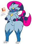 3_toes anthro blue_nipples breasts english_text feet female generation_8_pokemon genitals grey_body heart_symbol hi_res lewdchuu_(artist) navel nintendo nipples patreon pink_eyes pokemon pokemon_(species) pussy simple_background smile sneasler solo text toes white_background
