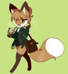 anthro averi_(fiddleafox) beverage brown_body brown_eyes brown_fur canid canine clothing dipstick_tail female female_anthro fiddleafox fox fur gloves_(marking) green_clothing hair handbag leg_markings looking_at_viewer mammal markings simple_background socks_(marking) solo tail tail_markings walking white_body white_fur