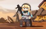  1girl bandana black_thighhighs blonde_hair blue_eyes blue_hair bullpup gloves gradient_hair gun headset helldiver_(helldivers) helldivers_(series) highres holding lcron long_hair looking_at_viewer multicolored_hair non-web_source open_mouth thighhighs thumbs_up virtual_youtuber weapon zeta_(vtuber) 