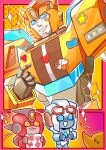  blue_eyes bumblebee_(transformers) cutemuyanv goggles goggles_on_head heart highres horns mecha robot science_fiction smile solid_eyes sparkle star_(symbol) sticker sticker_on_face thrash_(transformers) transformers transformers:_earthspark twitch_(transformers) upper_body 