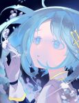  1girl blue_eyes blue_hair bubble capelet colored_eyelashes gloves hair_ornament hand_up highres liquid looking_up looshue magical_girl mahou_shoujo_madoka_magica mahou_shoujo_madoka_magica_(anime) miki_sayaka open_mouth portrait short_hair solo water white_capelet white_gloves 
