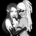  2girls arm_strap artist_name brassica breast_press breasts character_request commission dark-skinned_female dark_skin detached_sleeves domino_mask eyelashes fingernails greyscale hand_on_another&#039;s_back hand_on_another&#039;s_cheek hand_on_another&#039;s_face lawful_evil_comics lips long_hair mask monochrome multiple_girls pointy_ears sharp_fingernails symmetrical_docking upper_body 