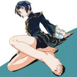  1boy ai_roid barefoot black_shorts blue_hair closed_mouth earrings feet frilled_sleeves frills genshin_impact highres jewelry long_sleeves looking_at_viewer male_focus orange_eyes retro_artstyle shorts simple_background single_earring sitting solo two-tone_background xingqiu_(genshin_impact) 