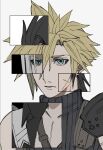  1boy armor black_hair black_sweater blonde_hair blue_eyes cloud_strife cross_scar earrings expressionless final_fantasy final_fantasy_vii final_fantasy_vii_rebirth final_fantasy_vii_remake green_eyes grey_background grey_hair heterochromia high_collar jewelry looking_at_viewer male_focus mtr_dayoo multicolored_hair pauldrons scar scar_on_cheek scar_on_face sephiroth short_hair shoulder_armor single_pauldron sleeveless sleeveless_sweater sleeveless_turtleneck spiked_hair stud_earrings suspenders sweater turtleneck turtleneck_sweater upper_body zack_fair 