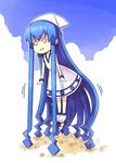  blue_hair digging dress hat ikamusume kouji_(campus_life) lifting long_hair o_o shinryaku!_ikamusume solo tentacle_hair tentacles 