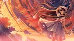  :o boots bow brown_eyes brown_hair cloud dutch_angle evening feathers flower from_below hair_bow hand_on_headwear hat kazuharu_kina long_hair open_mouth original petals sky solo sunset twilight very_long_hair wind 